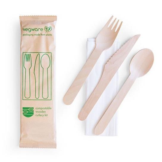 Wooden Fork Knife & Spoon Wrapped Set